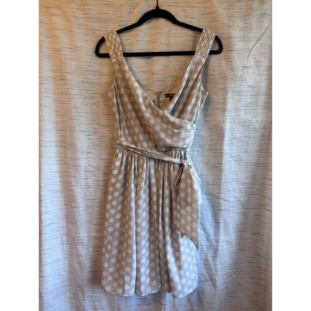 Express Polka Dot Sleeveless Wrap Front Fit Flare Dress Taupe White Size 4